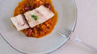 Ombrina con salsa di olive e capperi